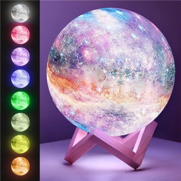 Mind-Glowing Galaxy Moon Lamp with Multi Colors, Touch/Remote, Wood Stand